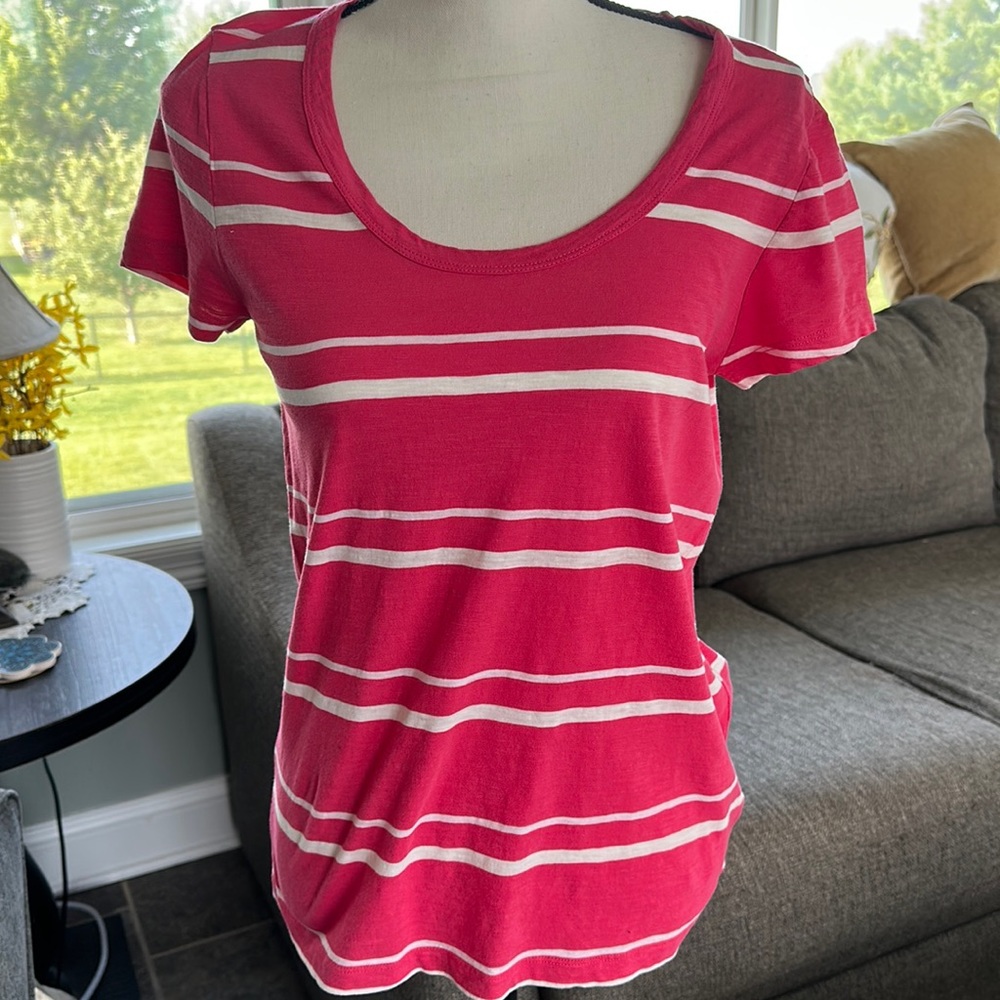 J Crew Women’s Pink White Stripe Cap Sleeve T-shirt Size Small